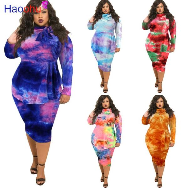 

plus size autumn tie dye print women dresses elegant long sleeve high waist chic dress ladies bow collar casual, Black;gray