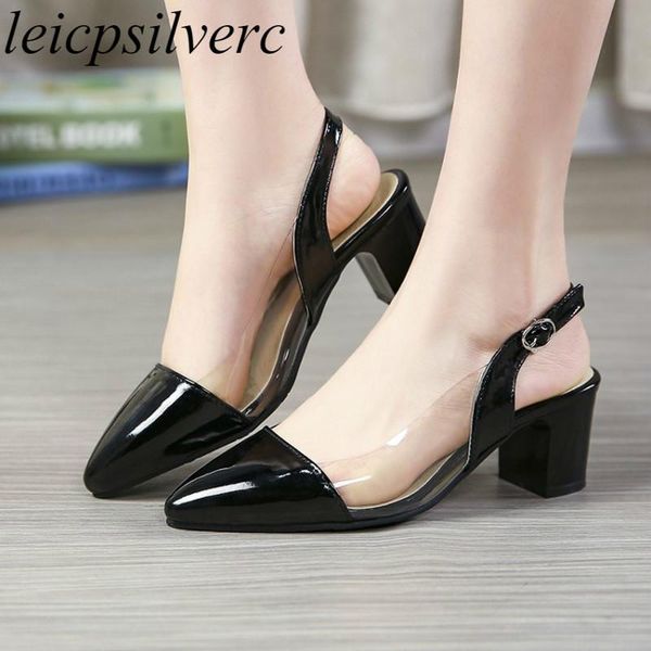 

dress shoes women's sandals med heel pointed toe buckle mixed-colors thick 2021 summer fashion sweet casual party wedding, Black
