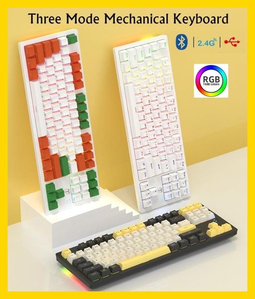 

reachargeable bluetooth wireless/2.4g wireless/wired three-mode rgb backlit mechanical keyboard 3000ma battery keyboards