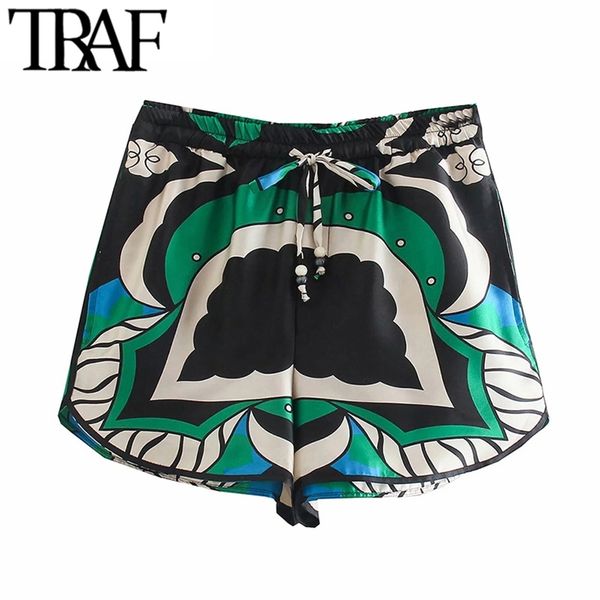 

traf women fashion side pockets printed bermuda shorts vintage high elastic waist vents female short pants mujer 210623, White;black