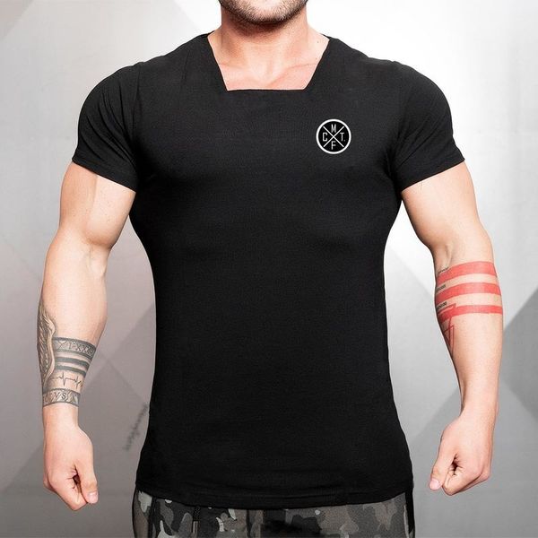 Yeni Kare Yaka Giyim Moda T Gömlek Erkekler Pamuk Nefes Kısa Kollu Spor T-shirt Spor Salonları Tee Sıkı Rahat Yaz Tops 210421