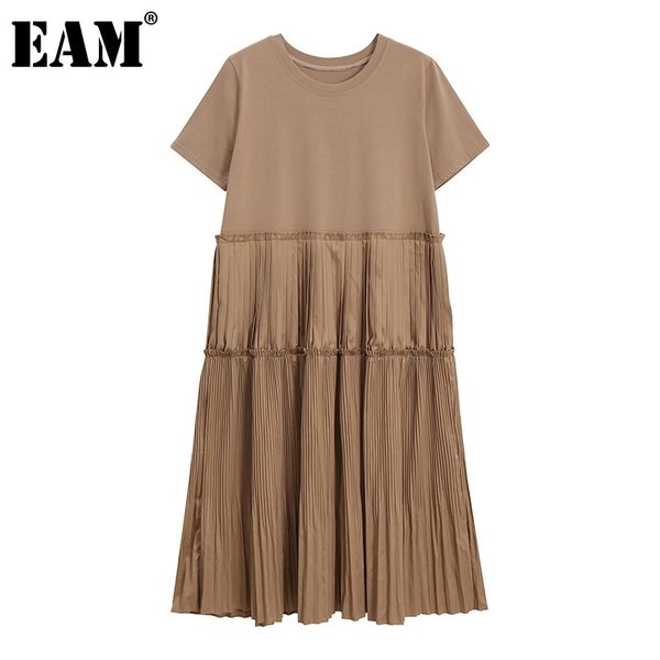 

[eam] women khaki pleated ruffle elegant dress round neck short sleeve loose fit fashion spring summer 1dd8176 210512, Black;gray