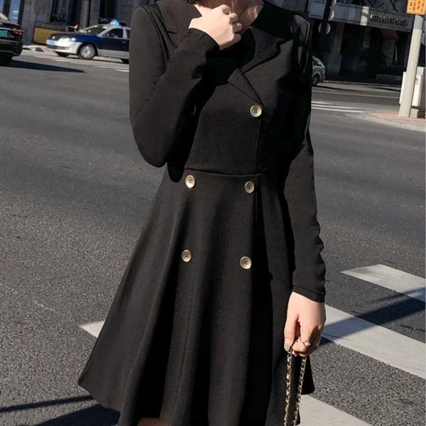 

casual dresses mazefeng 2021 spring summer women turn-down collar double-breasted pleated elegant high waist mini, Black;gray