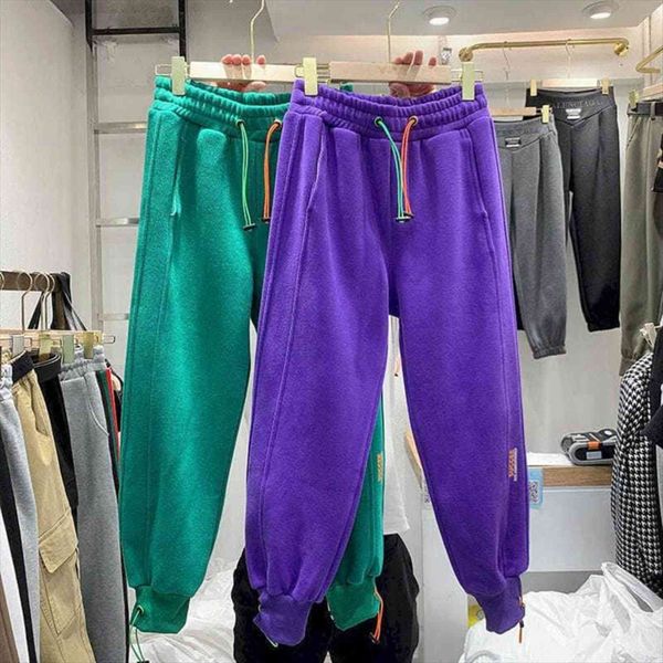 

plus velvet padded sweatpants womens capris punk loose fitting feet winter european station high waist drawstring casual pant, Black;white
