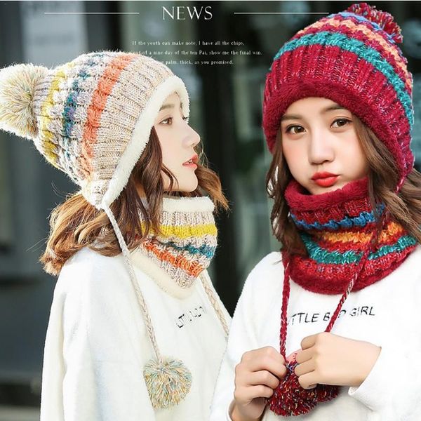 

hats, scarves & gloves sets women hat&scarf 2 pieces patchwork color winter hat pompoms skullies knitted caps neck warmer, Blue;gray