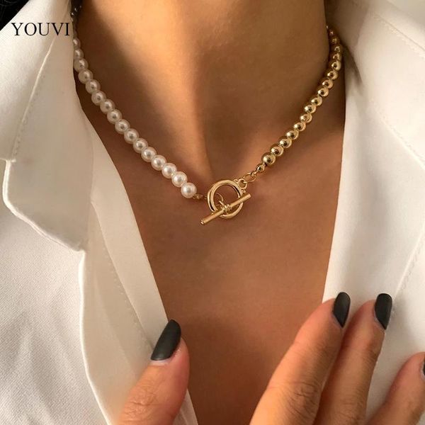 

chains youvi 2021 trendy baroque pearl chain necklace for women collar punk toggle clasp circle lariat bead choker necklaces jewelry, Silver