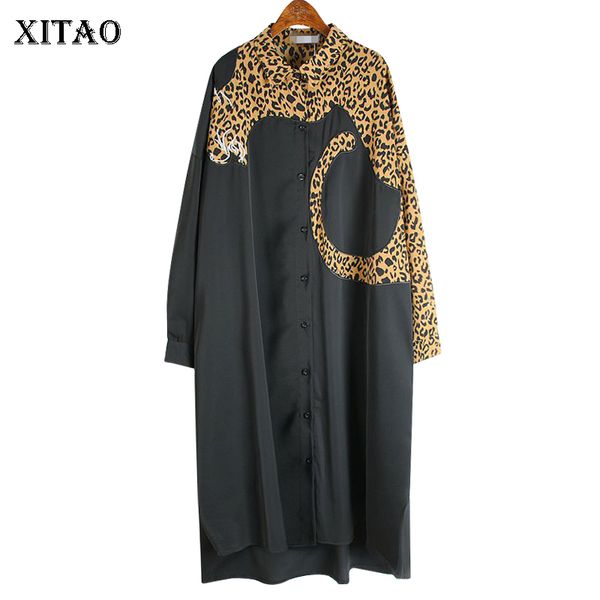 

xitao europe style leopard print stitching irregular dress women long sleeve loose plus size chiffon dresses for women wj1018, Black;gray