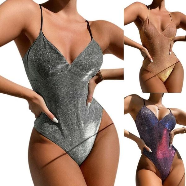 

women's swimwear women summer gradient sequins slimming beach v neck bikini swimsuit one piece 2021 bathing suit, White;black