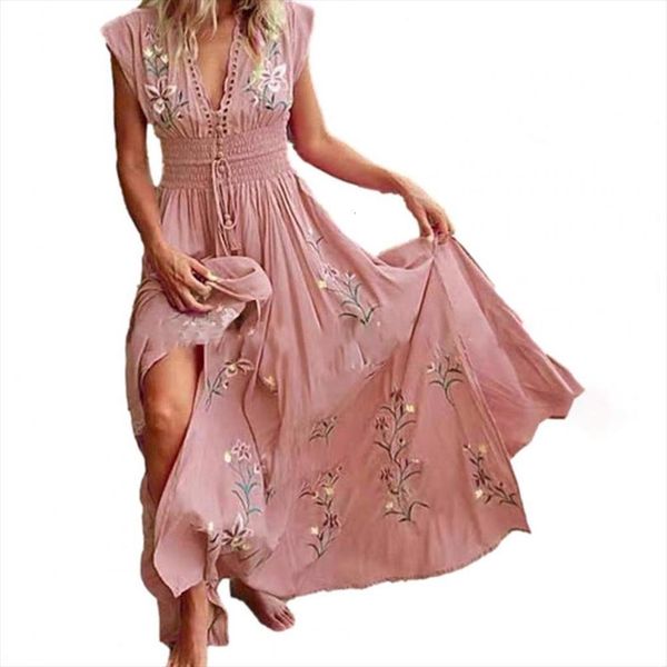 

summer elegant floral print womens dresses deep v neck maxi sleeveless large hem a line split beach party, Black;gray