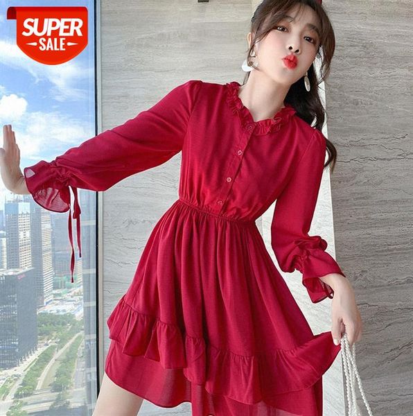 

[nuts] south korea's dongdaemun chiffon dress, temperament lady's slim red skirt #x56f, Black;gray