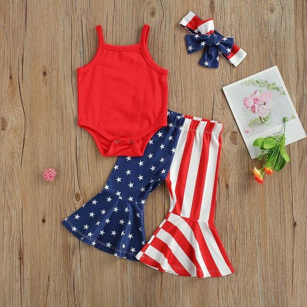 

0-18m fashion born baby girl sleeveless strap bodysuit star striped patchwork flared pant headband 3pcs clothes set clothing sets, White