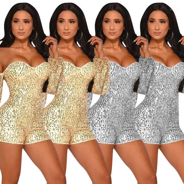 Женские комбинезоны Rompsers Sexy Sequins Скатерть с рукавами Одно плечо Короткий абзац Комбинезон Клуб Костюмы Модный ужин