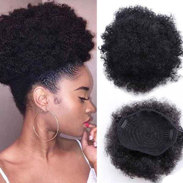 

synthetic wigs high afro puff ponytail drawstring chignon hairpiece short kinky curly fake hair bun updo clip in, Black