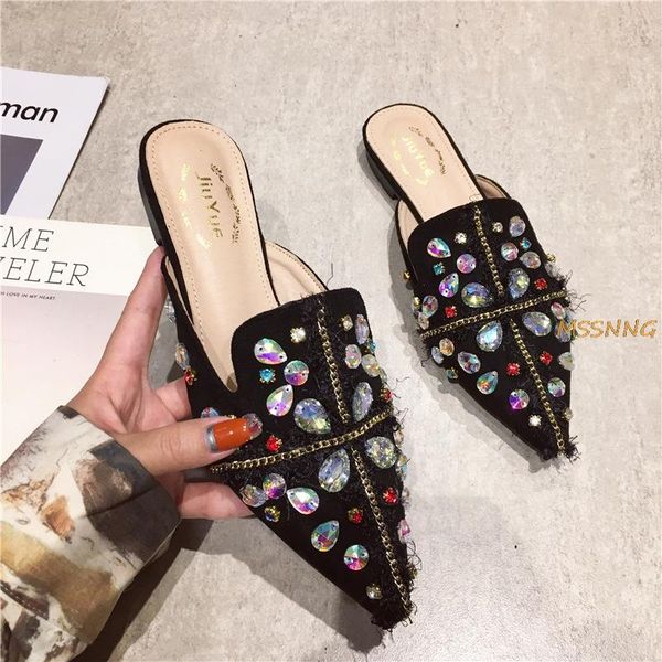 

summer women's slippers colorful rhinestone women fashion mules shoes pointed toe female slides low heel woman shoe, Black