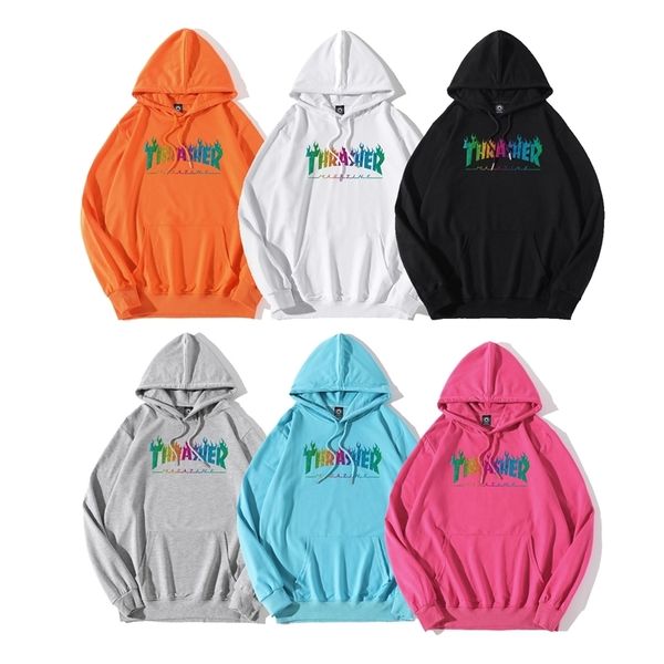 

2021 new street style front rainbow  flame thrasher thin couple hoodie, Black