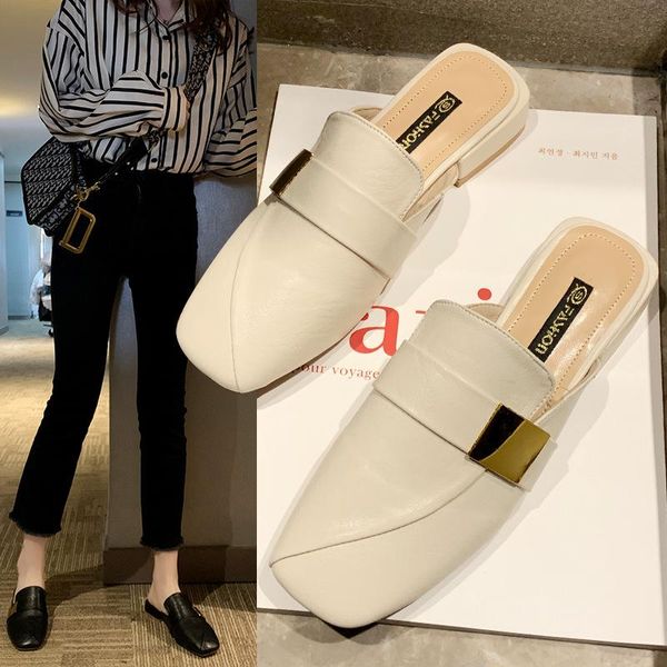 

slippers women square toe slip on slides ladies luxury flat shoe casual mules heel wedges sandals shoes, Black