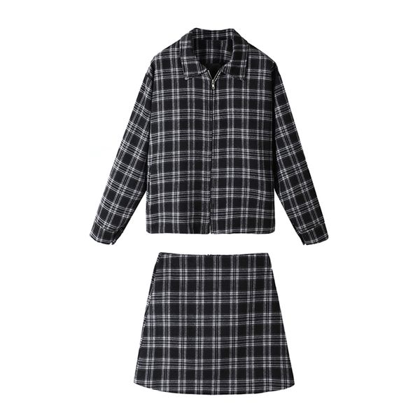 

women set plaid jacket mini skirt two pieces turn down collar t0412 210514, White