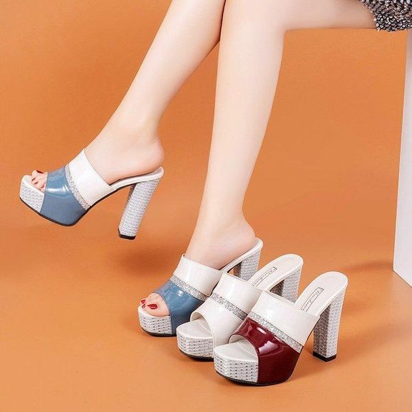 

dress shoes women platform sandals fashion patent leather crystal sequin super high heels ladies summer party slippers, Black