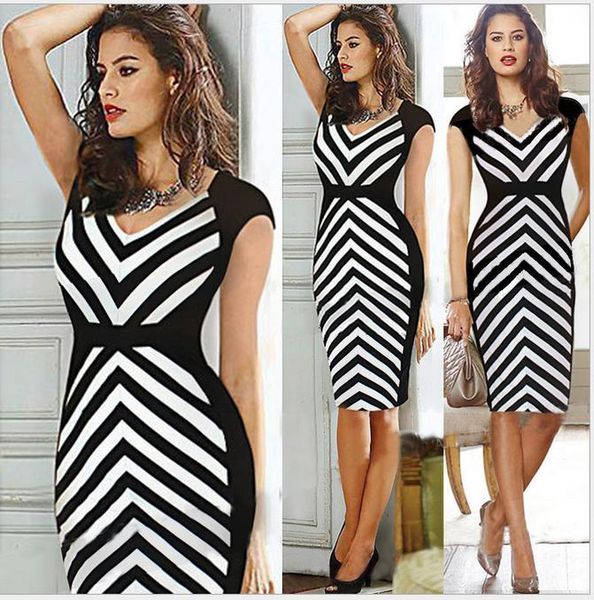 

dresses plus size zebra striped sheath v-neck women party work office lady black white pencil summer style up to 2xl, White;black
