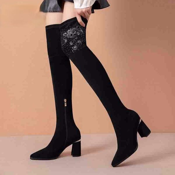 

boots 2021 women over the knee high heels autumn winter shoes pointed toe elastic fabric, Black