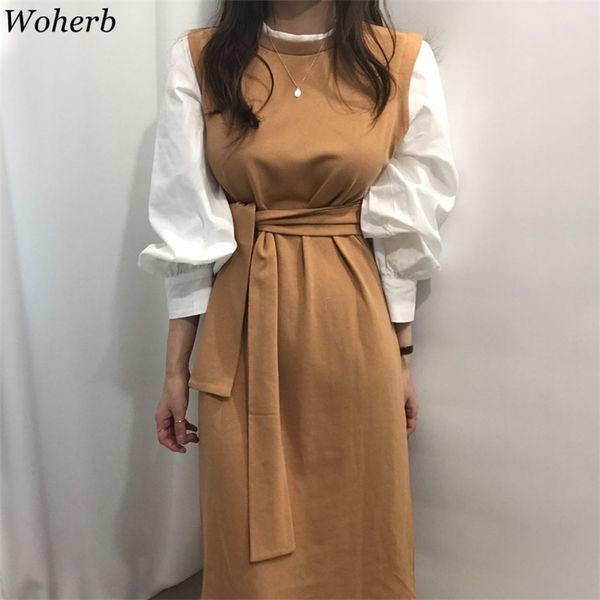 

office lady long puff sleeve patchwork dress woman korean chic elegant dresses female autumn winter robe 210519, Black;gray