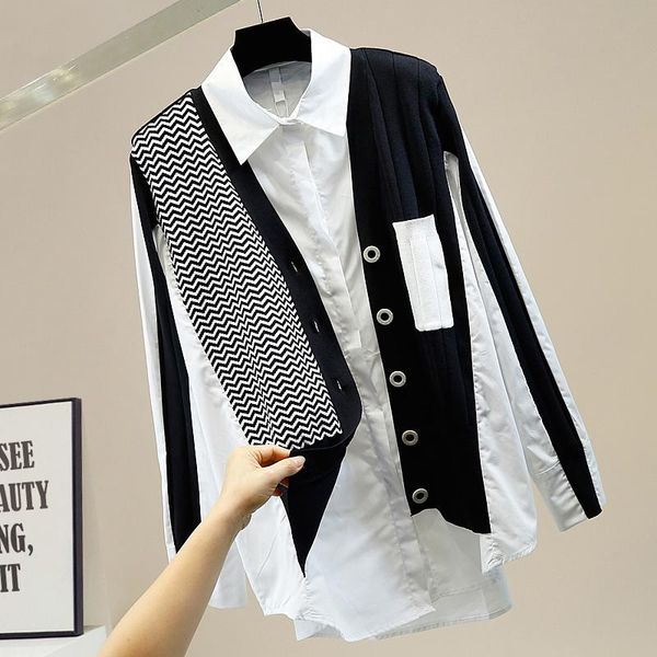 

women's blouses & shirts fashion design knitted shirt patched double layer buttons faux two piece fall women white blouse