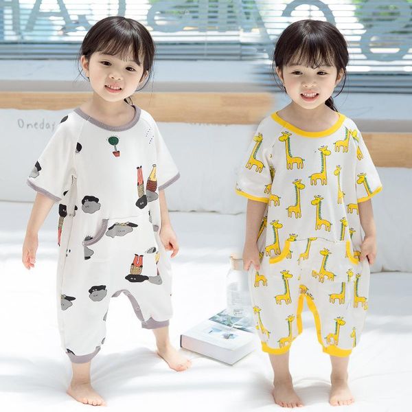 

pajamas baby animal children giraffe kids summer sleepers cartoon girls one piece toddler boys short sleeve pyjamas 3-7y, Blue;red