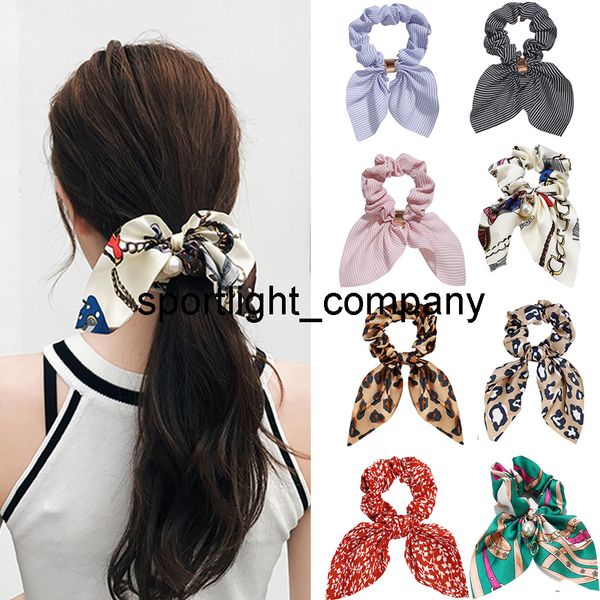 

fashion floral print stripe leopard scrunchies solid long hair ribbon for women ponytail scarf sweet hair band hair accessories, Slivery;white