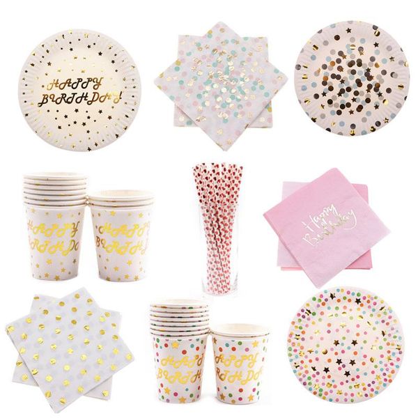 

packaging dinner service 40pcs/lot gold colorful party supplies paper plate cup napkins cartoon birthday decoration festival for kids girls