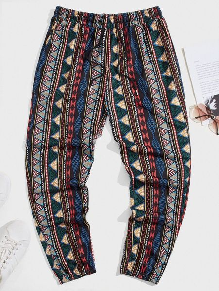 

men geo print drawstring waist sweatpants 104y#, Black