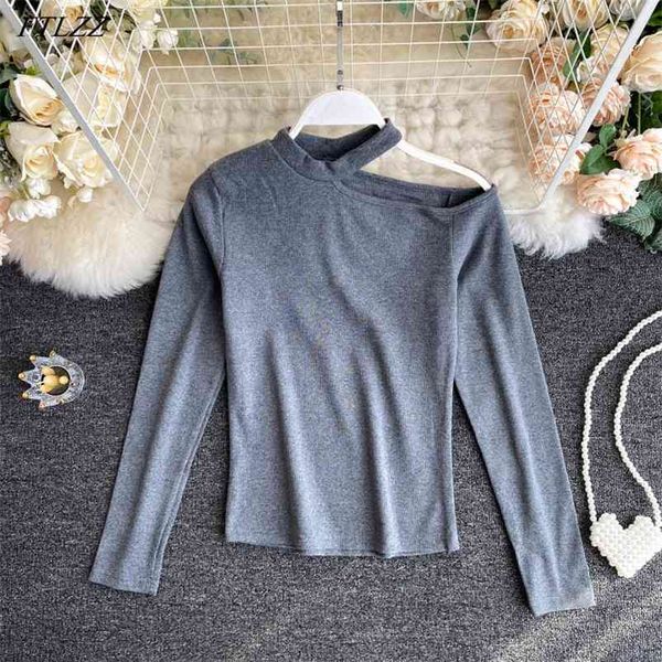 

winter elegant women long sleeve sweater off shoulder solid 210430, White