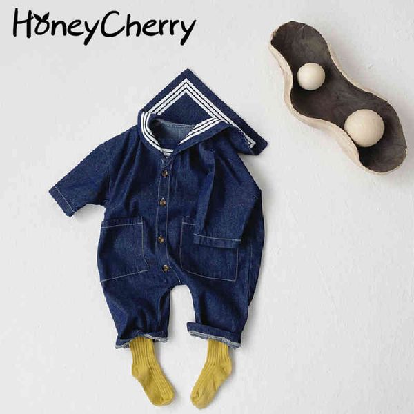 Primavera Coreano Naval Vento Infantil Soft Denim Jumpsuit Bebê Romper Escalada Roupas Born Girl Roupa 210515