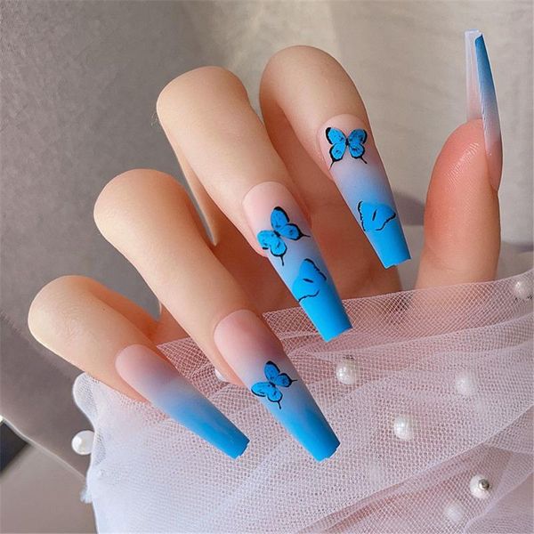 

false nails 24pcs/box gradient matte frosted fake with butterfly design long ballet coffin manicure patches press on, Red;gold