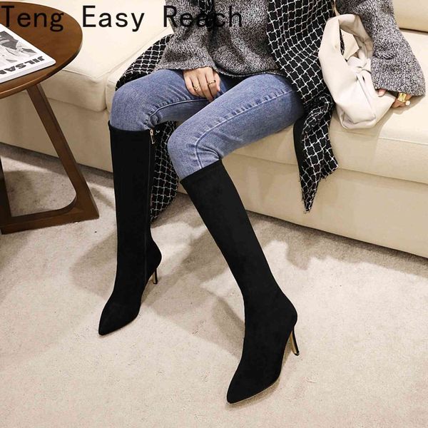 

dress shoes knee high women boots winter pointed toe pleated flock long thin high heel fashion ladies size 34 35 36 37 39 5ysz, Black
