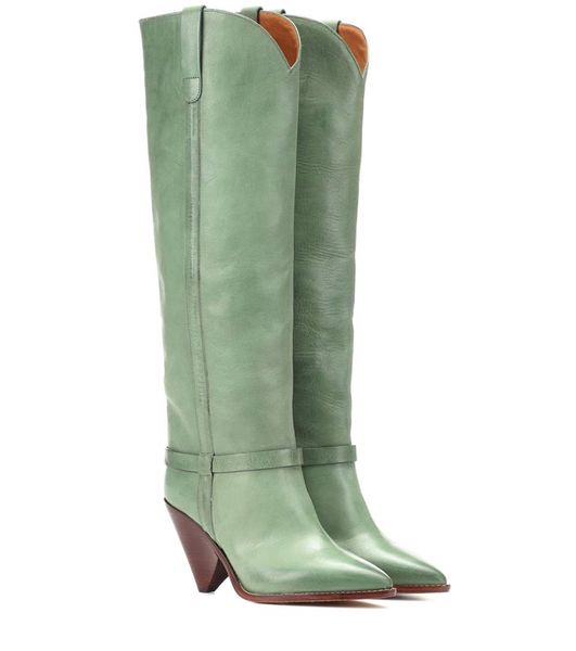 

2021 style sheepskin leather pillage toe pointed knee boots booties casual party dress shoes alien heel chunky med heels slip-on size 35-42, Black