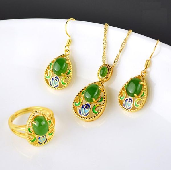

bracelet, earrings & necklace natural he tian biyu sets pendant earring ring of cloisonne gold plated jewelry three piece national retro sty, Black