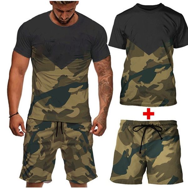 

summer mens camouflage short sleeve shorts two piece sport suit for leisure fitness casual shorts suit male, Gray