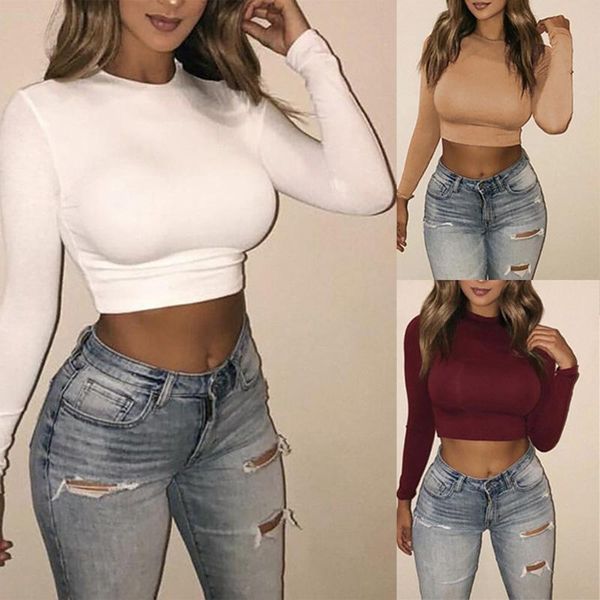 

women solid color long sleeves slim casual crops shirts endq women's t-shirt, White