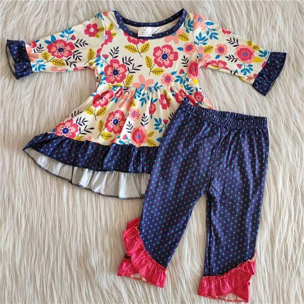 

clothing sets wholesale baby girls flower tunic ruffle navy dots pants long sleeve kids boutique outfits children clothes, White