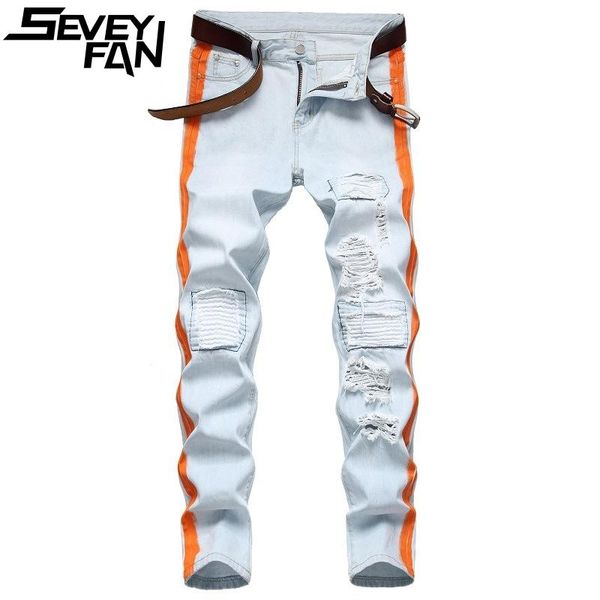 

men's jeans seveyfan fashion side striped ripped blue patchwork hole straight fit denim pants plus size 42