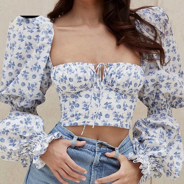 

women's blouses & shirts 2021 women floral print tee sweet square neck long puff sleeve ruched drawstring crop autumn woman party blous, White