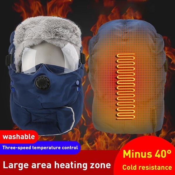 

electric heating cap fashion warm winter original design hats waterproof hood hat with glass cycling caps & masks, Black