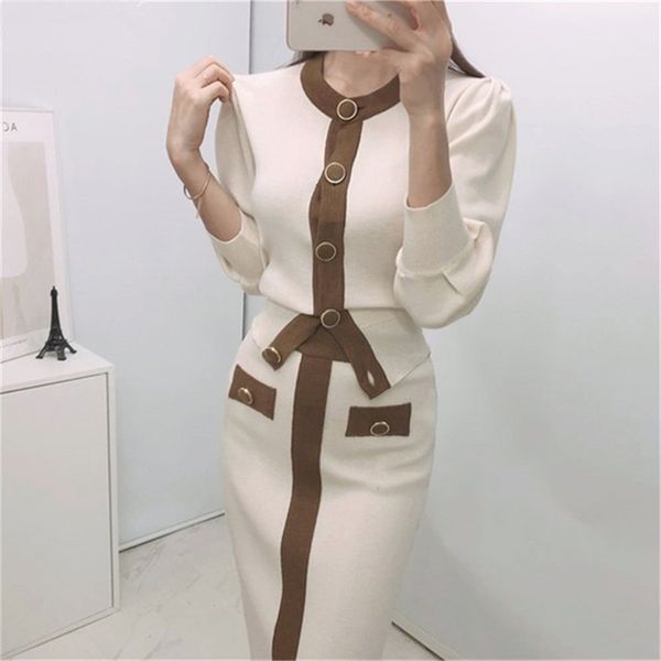 

autumn korean knitted color-blocked two piece sets women long sleeve cardigan + elastic waist skirt suits outfit 210603, White