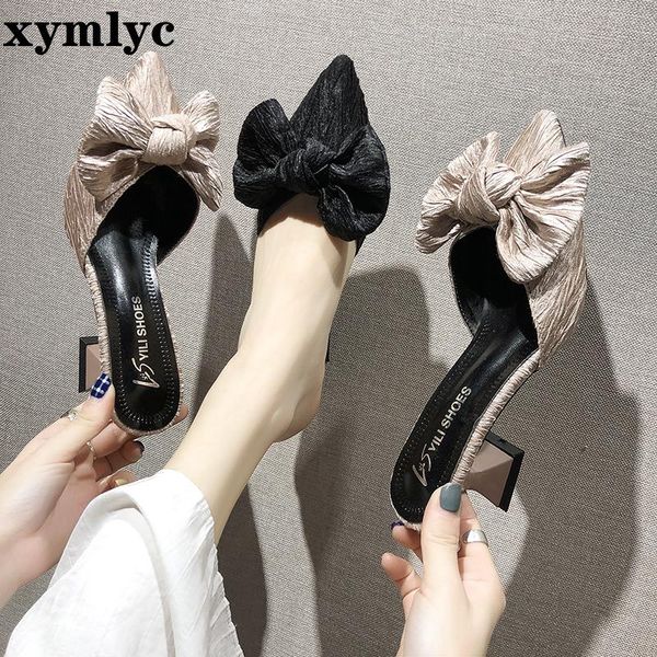 

dress shoes 2021 spring summer women's korean silk satin pointed bow tie slippers baotou heel sets semi, Black