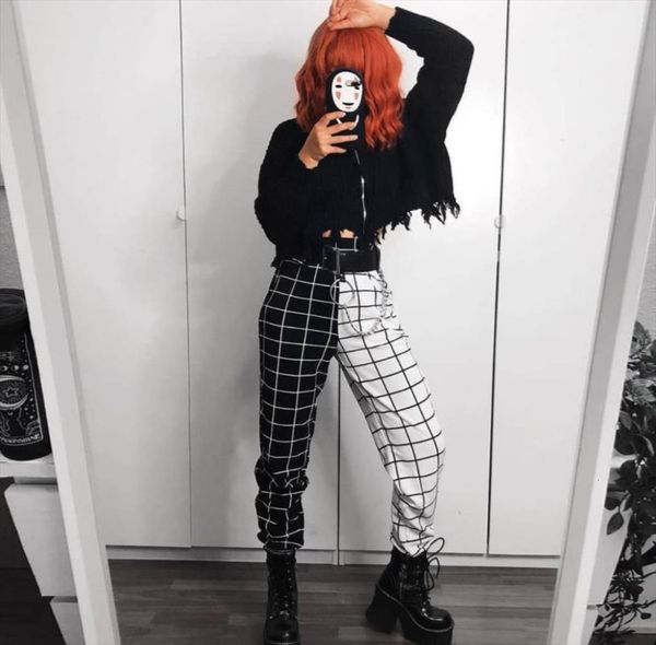 

streetwear cool girls black and women capri white checkerboard patchwork trousers cargo pants hight waist straight loose long, Black;white