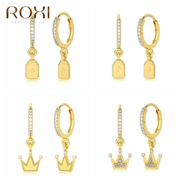 

hoop & huggie roxi lovely crown earrings for women jewelry 925 sterling silver moon stars earring pendientes plata, Golden;silver