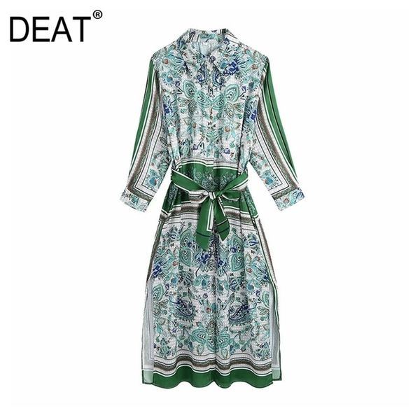 

[deat] summer fashion turn-down collar high waist long sleeve single-breasted printing elegant dress women 13q141 210527, Black;gray