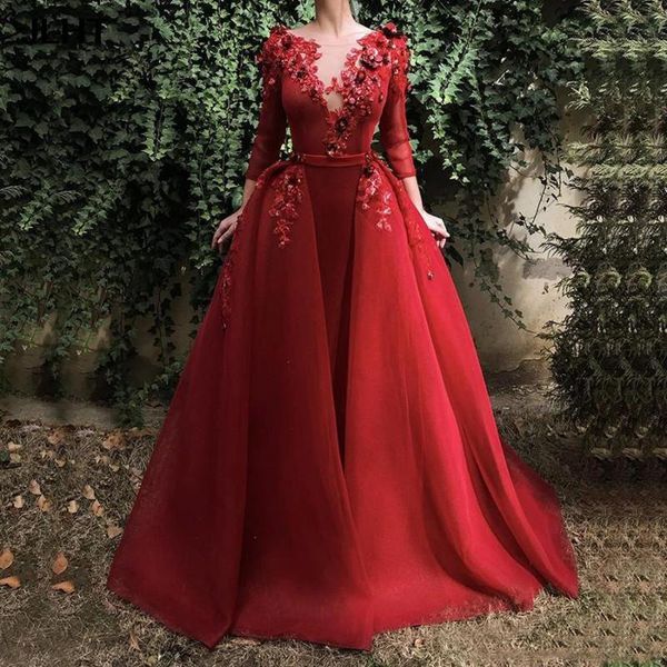 

party dresses 2021 red elegant scoop neck lace evening long sleeves applique 3d floral floor length prom gowns with over skirt, White;black