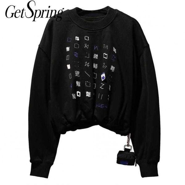 

getspring women hoodies printing short sweatshirt casual loose black fashion 210601