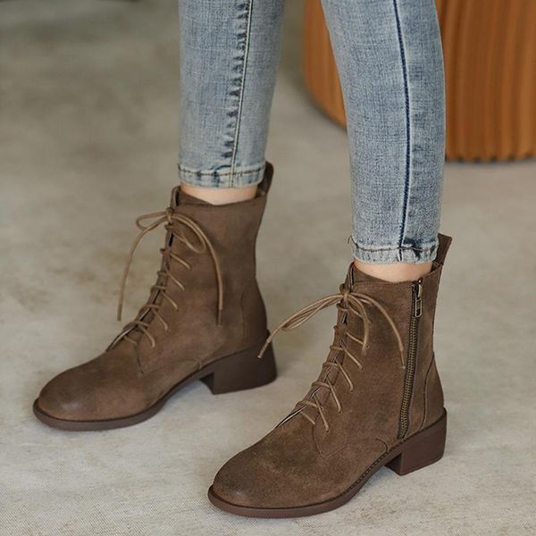

boots genuine leather lace up ankle for women shoes side zipper casual square med heel short big size 34-39, Black